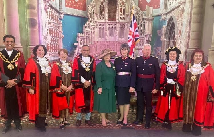 Image of the Lord-Lieutenant of Greater Manchester, Mrs Diane Hawkins and Salford’s Ceremonial Mayor, Councillor Tanya Burch stood at the King's Voluntary Awards Service with other representatives.