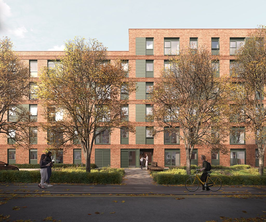 Peru Street multi-storey building with threes and people walking and cycling by
