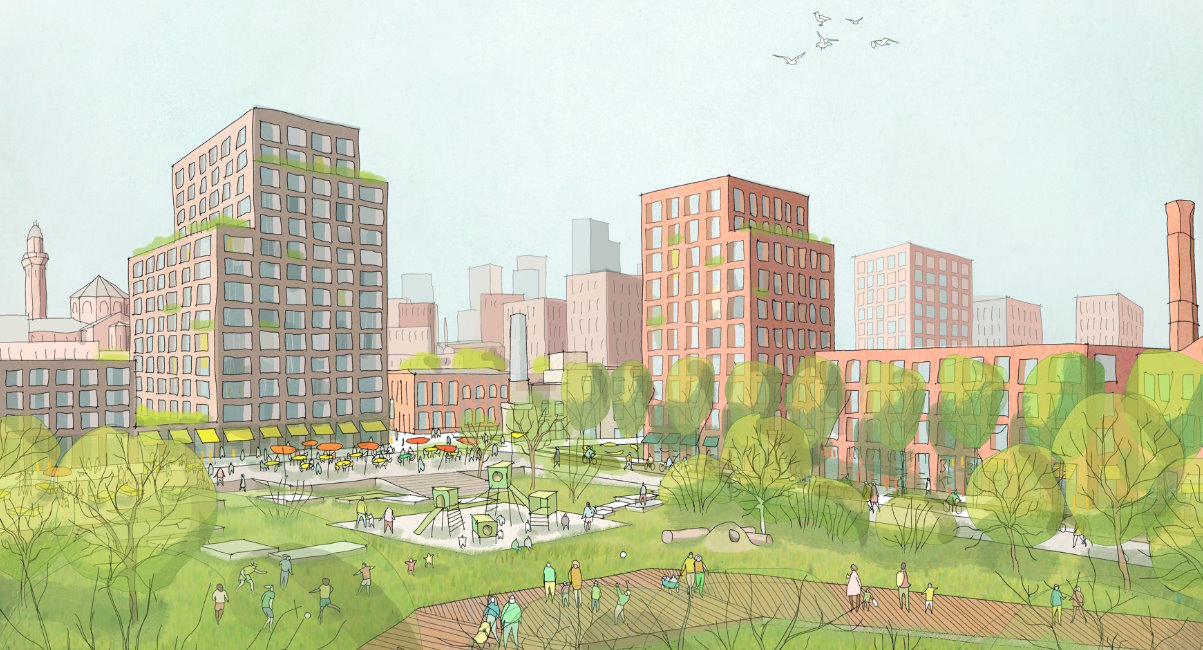 Strangeways and Cambridge SRF artist impression with tall buildings, grass area with trees