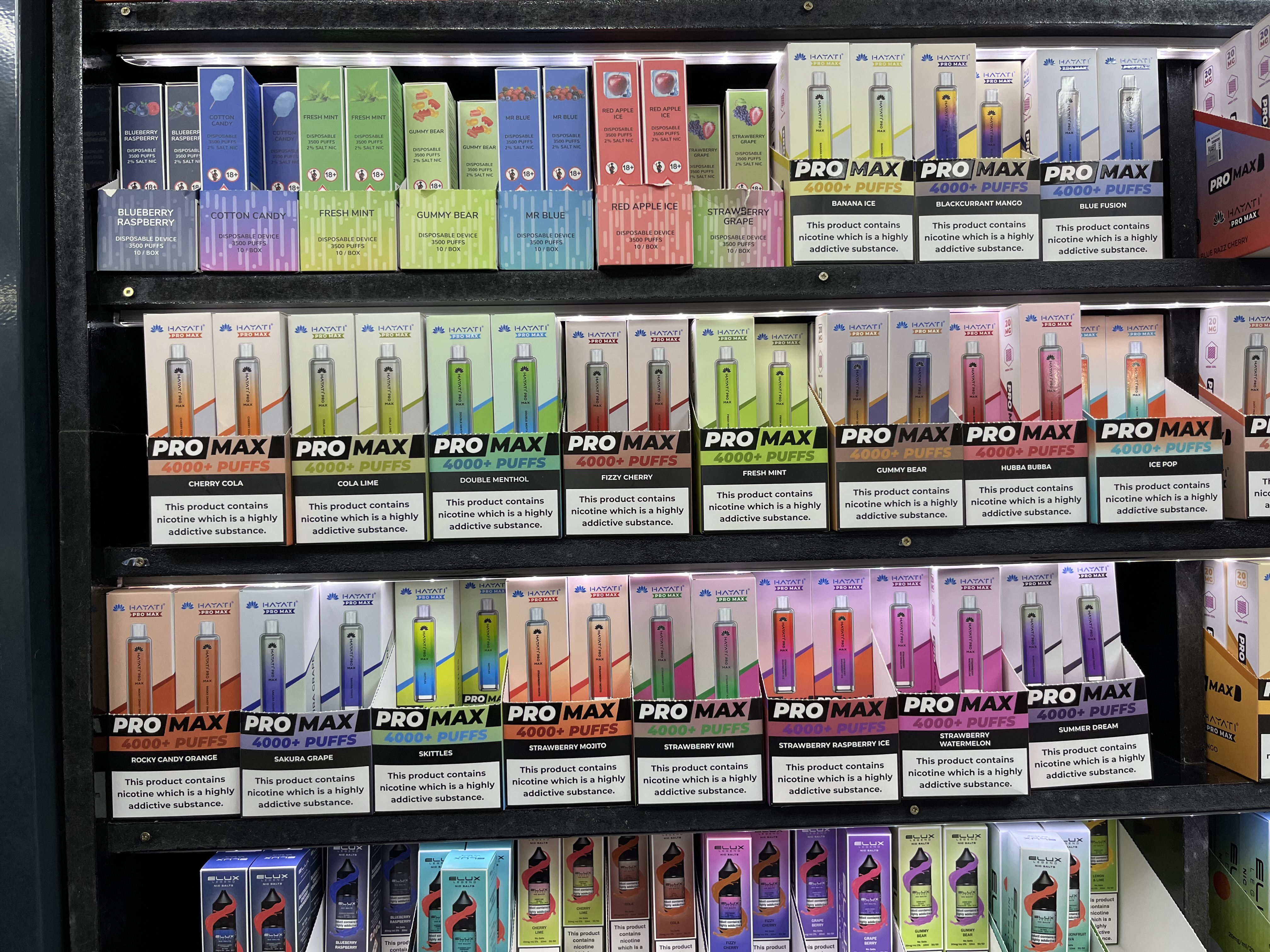 Image of illegal vapes in a display cabinet sold in Salford