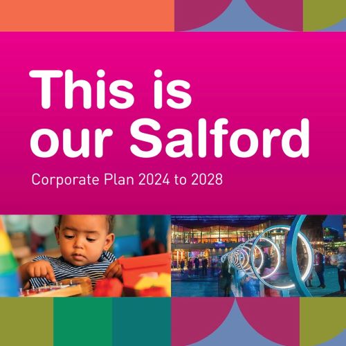 This is our Salford Corporate plan 2024 - 2028 image of child and artwork at The Quays