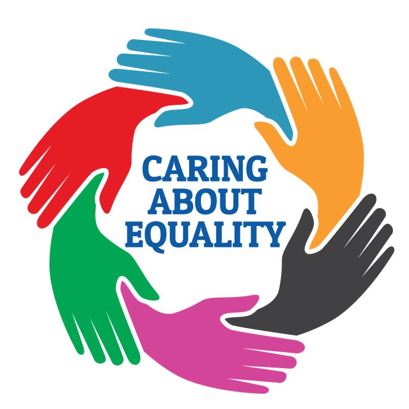 Illustrations of hands in a circle. In the middle there is some text which reads 'caring about equality'