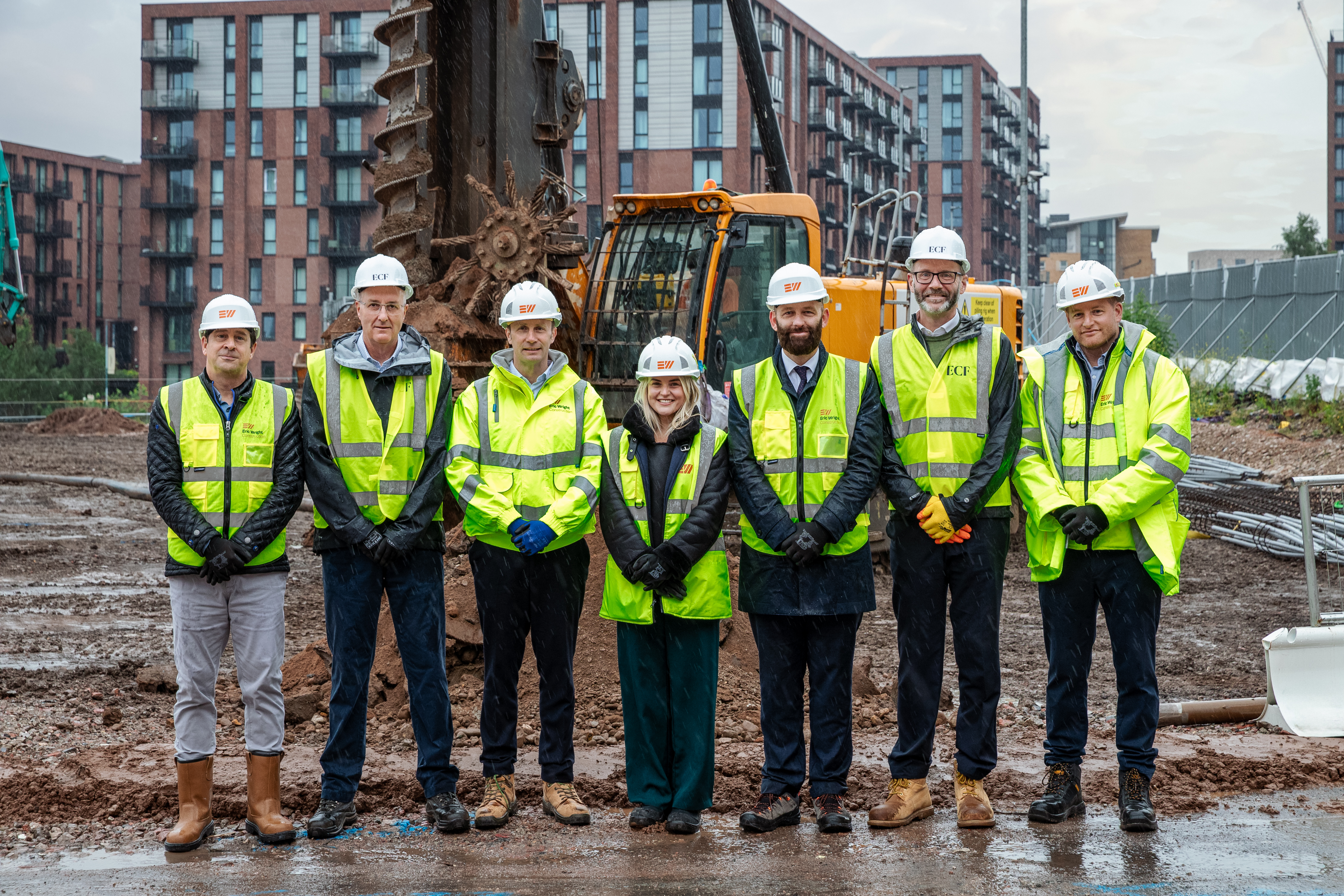 Mayor of Salford with representatives from Eric Wright Construction and ECF at Oldfield Basin, a new sustainable and vibrant neighbourhood on the former Regent Trading Estate brownfield site