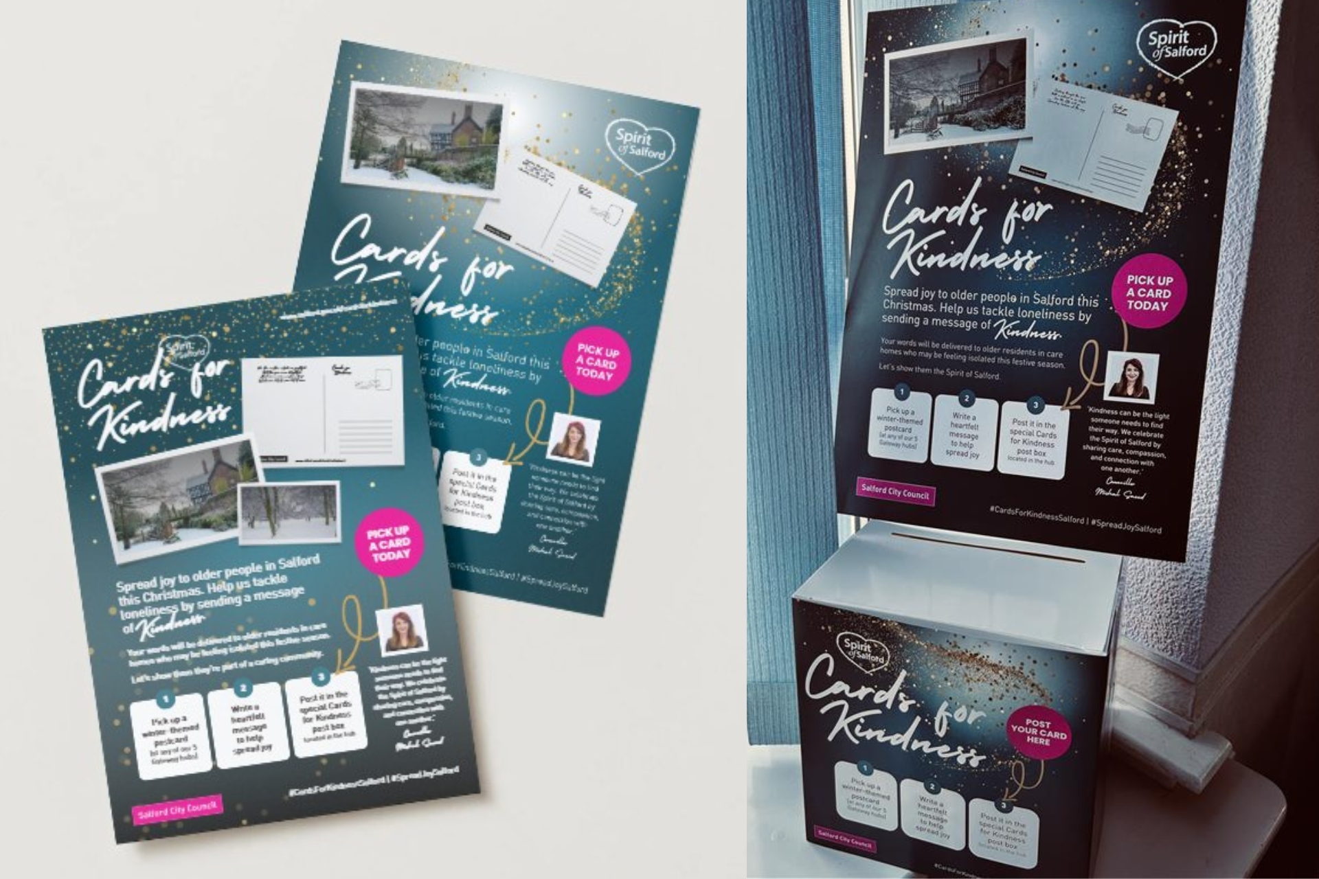 A pair of flyers with text and images, promoting Salford Cards for Kindness campaign.