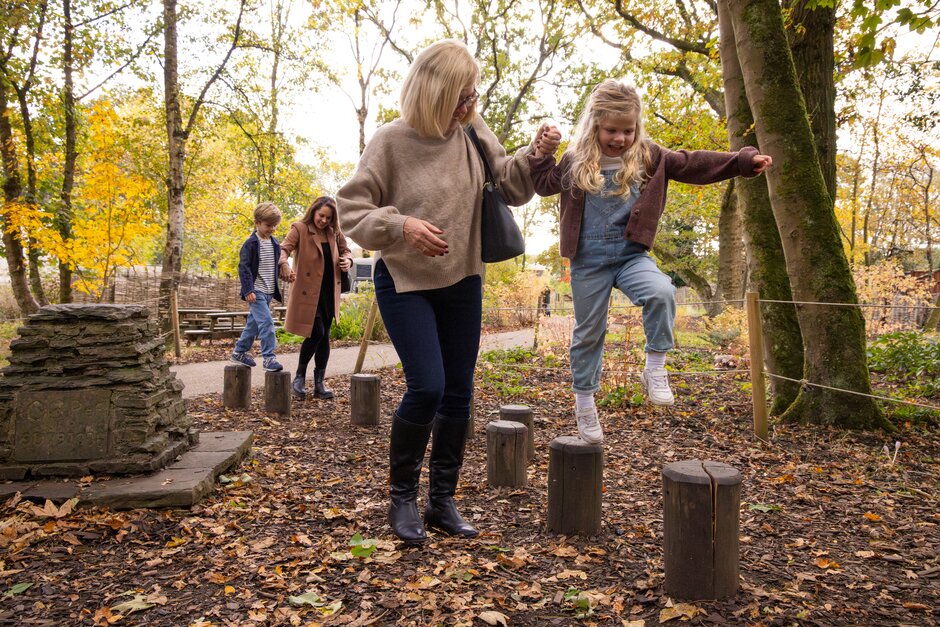 A woman and two children playing on tree stumps in an outdoor setting during autumn, surrounded by plants and fallen leaves.