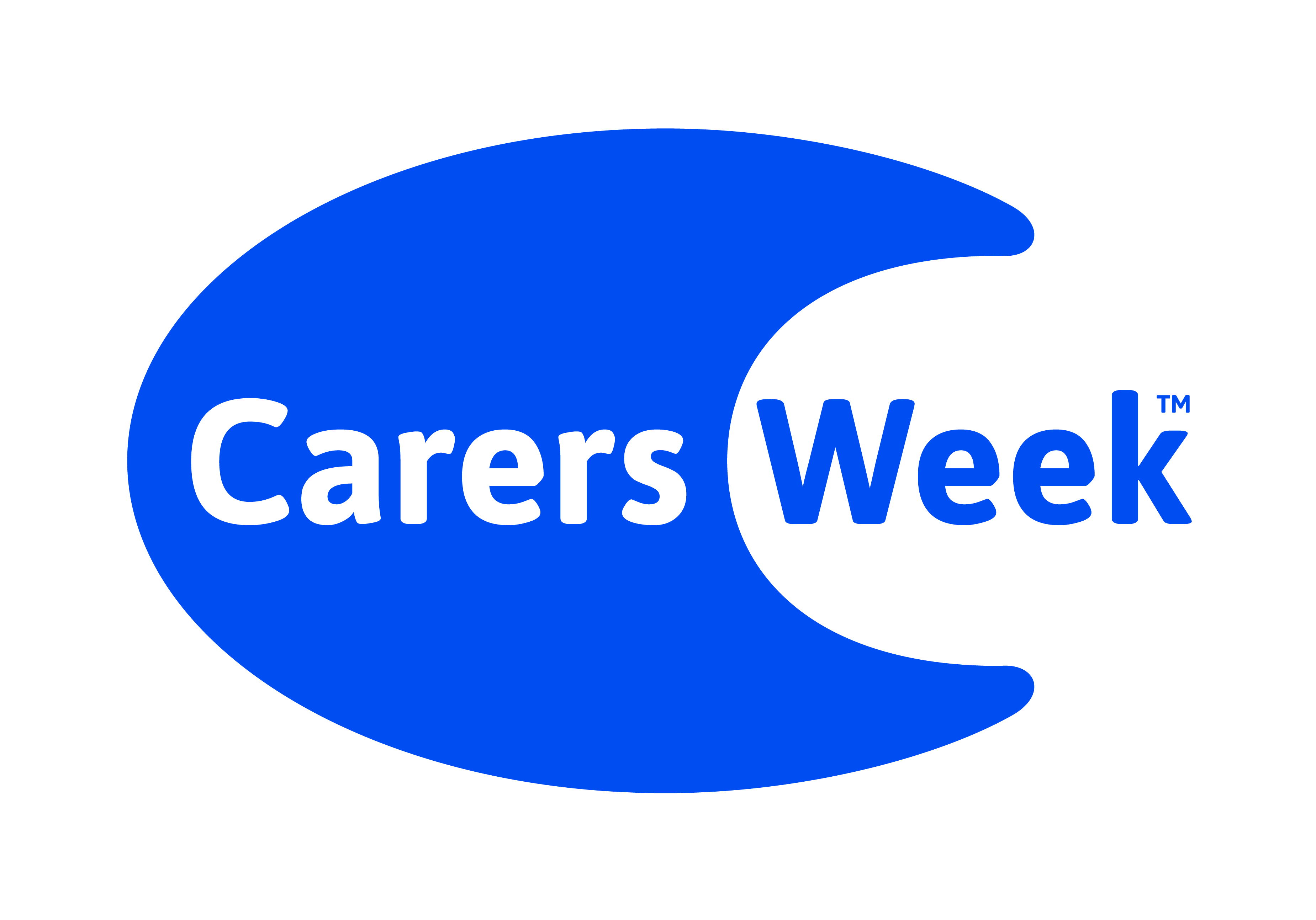 Carers Week logo. A blue crescent shape with text which says 'carers' in and then 'Week' is  next to this.