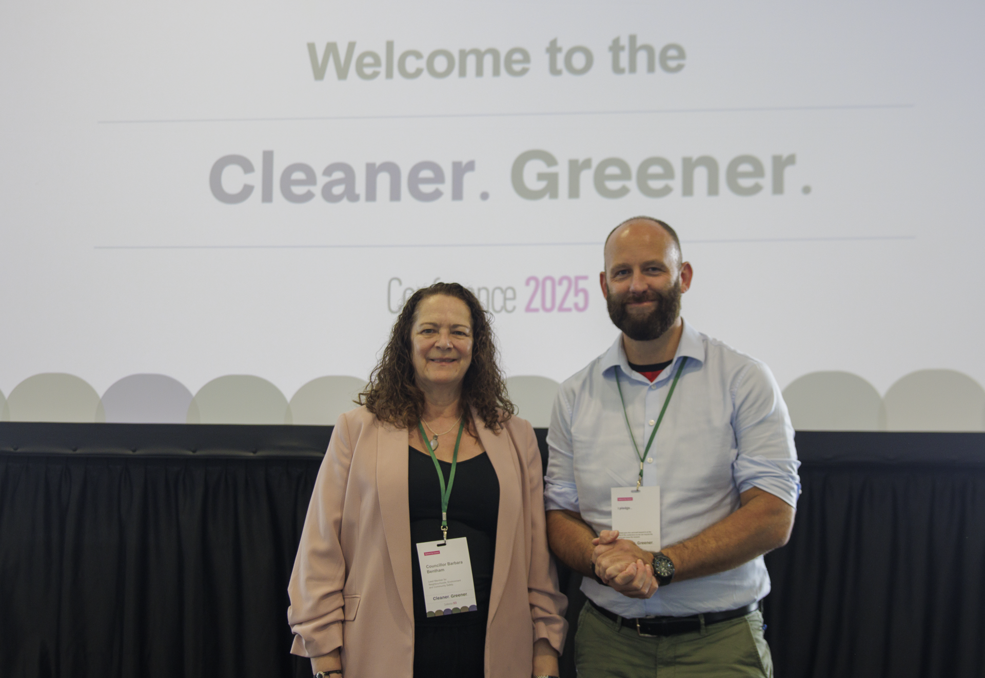Councillor Barbara Bentham stood with Salford City Mayor Paul Dennett at Salford's first Cleaner Greener Conference.