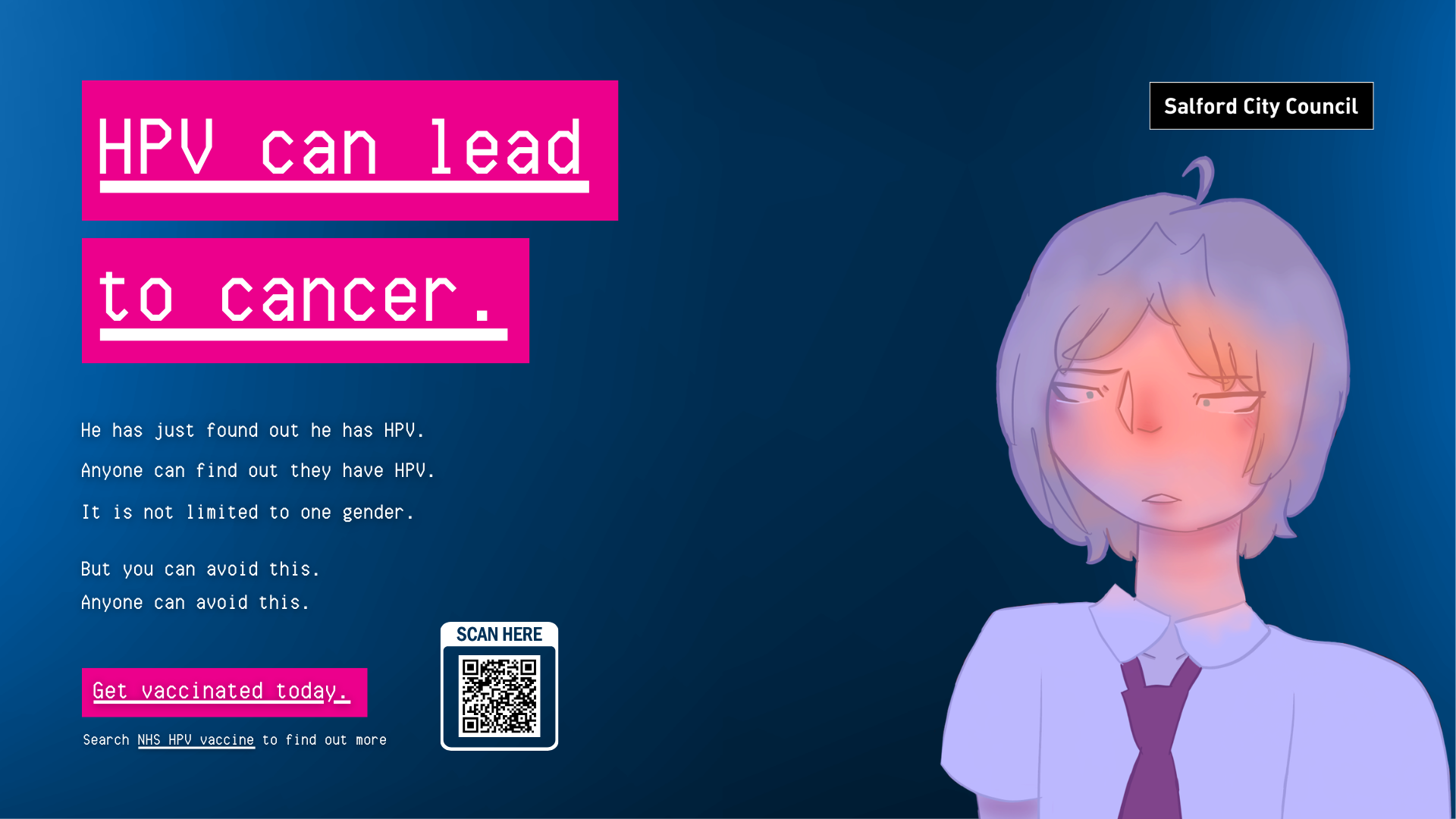 Anime style child illustration with the text HPV can lead to cancer.