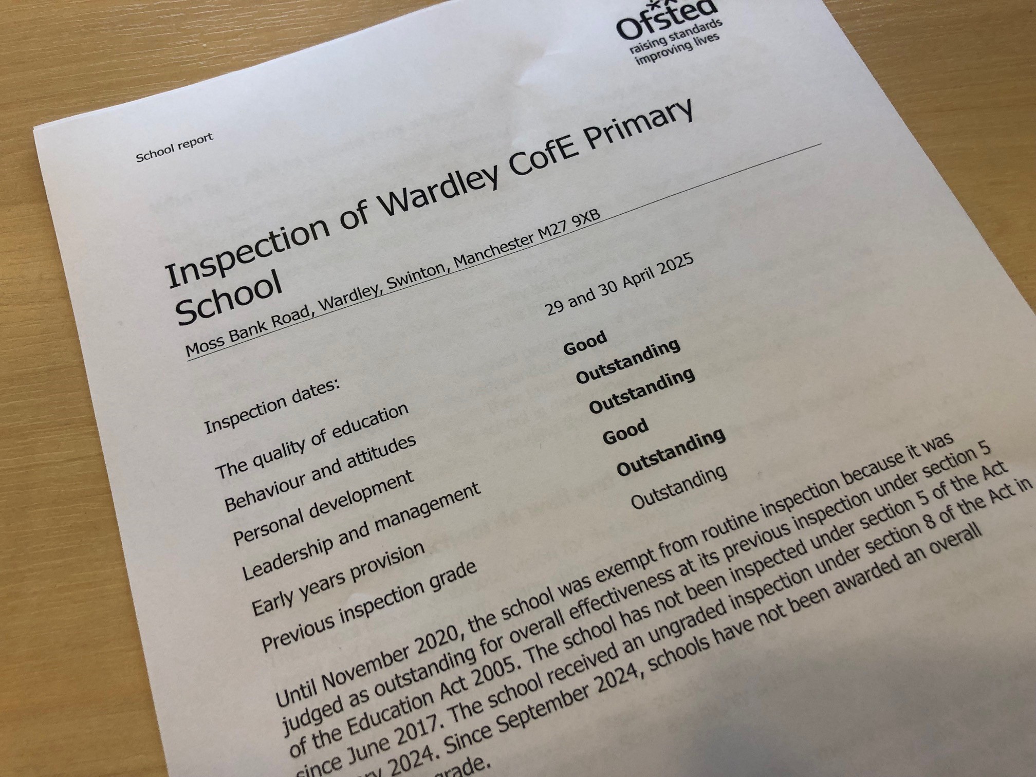 Inspection paper of Wardley CofE Primary School.