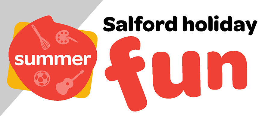 A yellow square and red circle overlapped with 'summer' in the middle. Illustrations of a whisk, football, guitar and paint pallet. Text to the right of this to read 'Salford holiday fun'