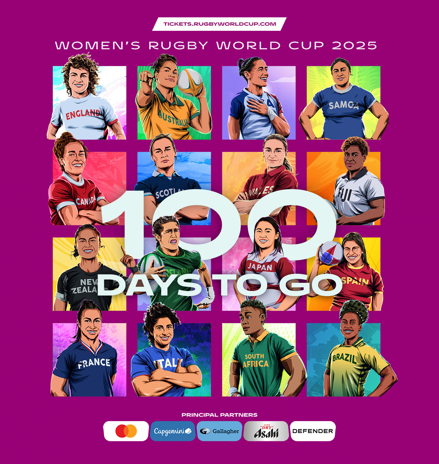 16 boxes with illustrations of different women's rugby world cup players