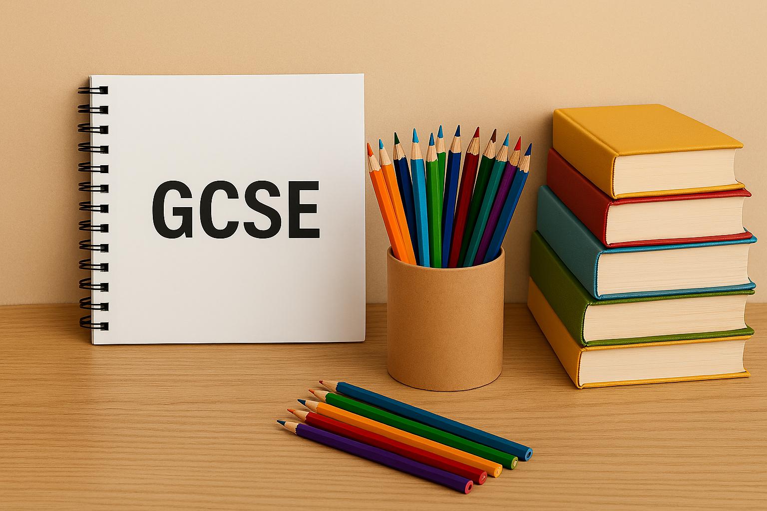 Image of a notepad with the word GCSE, coloured pencils and books