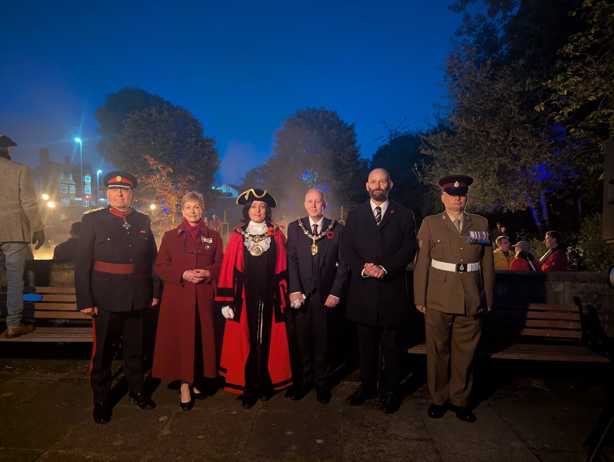 Salford City Mayor Paul Dennett, Salford Ceremonial Mayor Councillor Tanya Burch, Deputy Lord Lieutenant of Greater Manchester and Armed Forces personnel