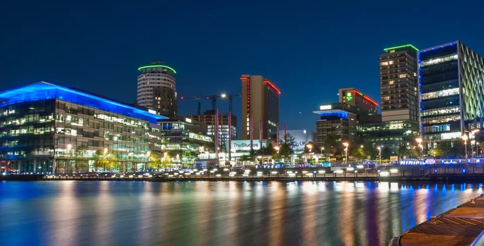 MediaCity in Salford at night near the waterfront