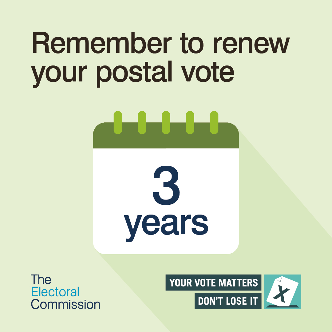 Remember to renew your postal vote. Calendar graphic and Electoral Commission logo