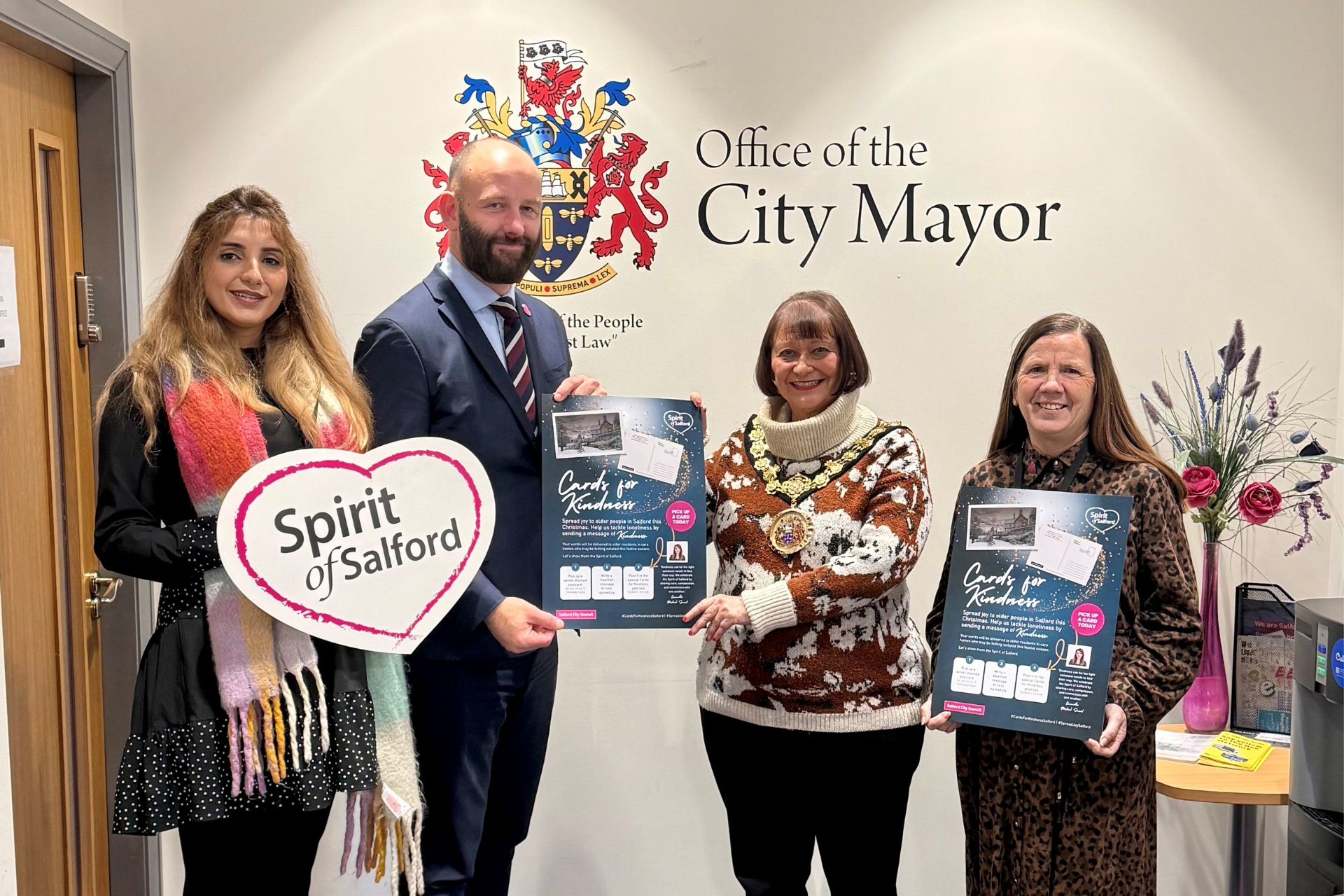 City Mayor Paul Dennett, Deputy Mayor Tracey Kelly, Councillor Heather Fletcher, Ceremonial Mayor of Salford, Councillor Mishal Saeed launching Salford's Cards for Kindness Campaign