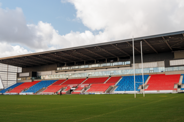 Blue and red seating at Salford Community Stadium