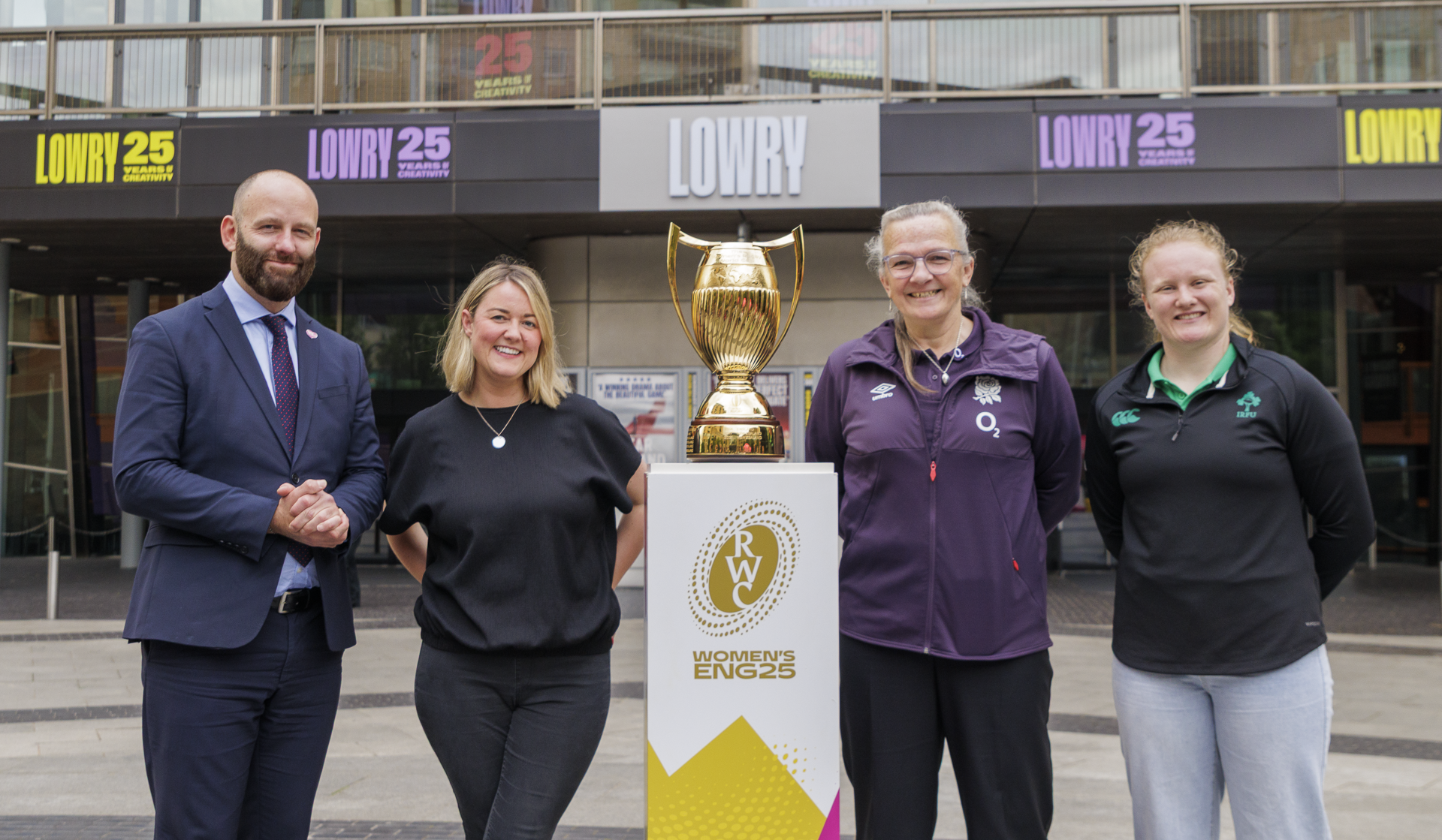 Salford City Mayor Paul Dennett, Gill Burns MBE (former England captain and WRWC winner), and Aoife Wafer (2024 Six Nations Player of the Championship).