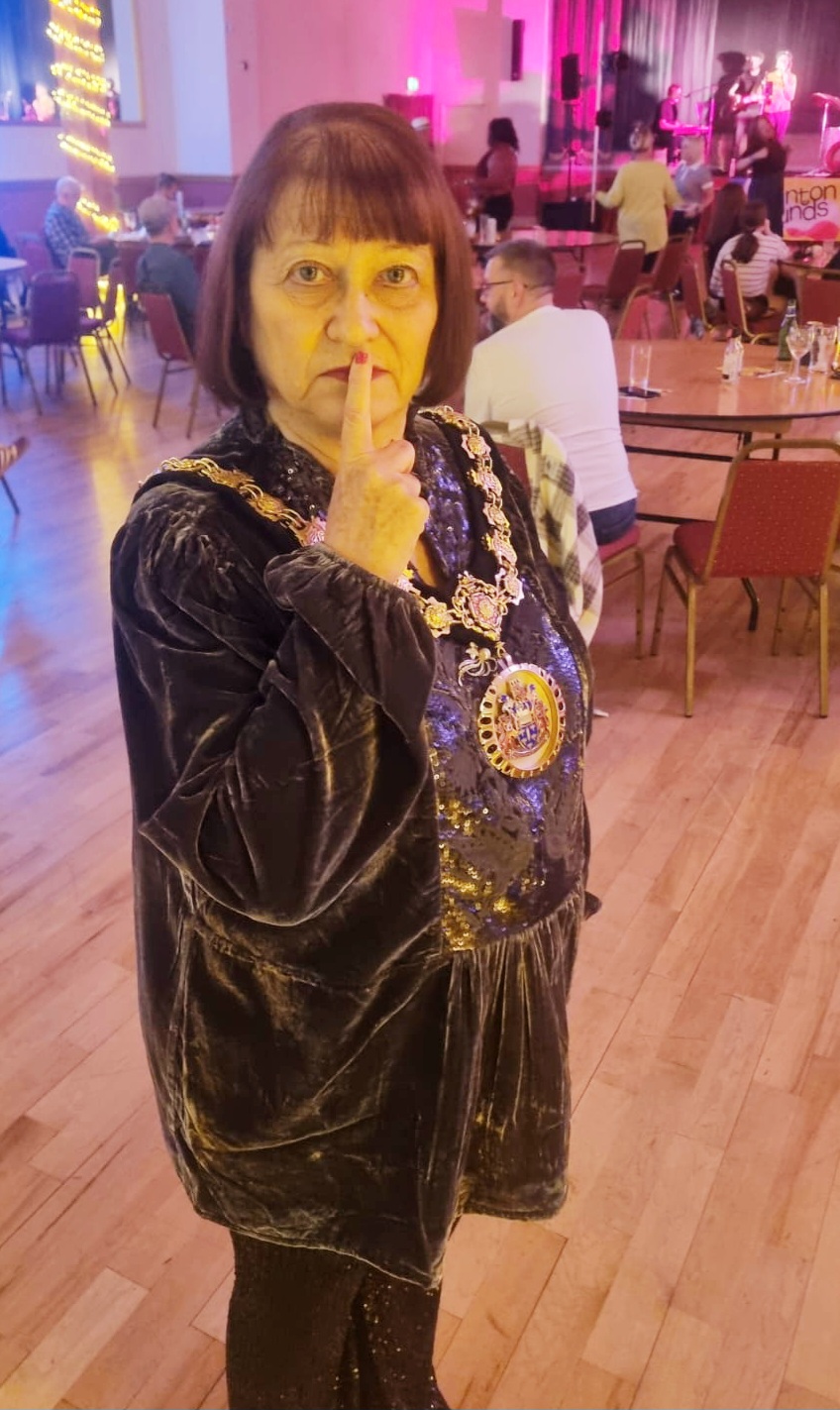 Salford's Ceremonial Mayor, Councillor Heather Fletcher doing a shush symbol